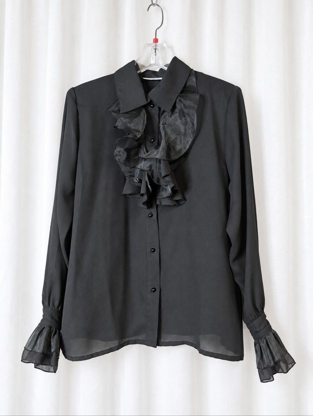 Karen Scott Vintage Black Semi Sheer Tuxedo Ruffle Button Front Dressy Blouse